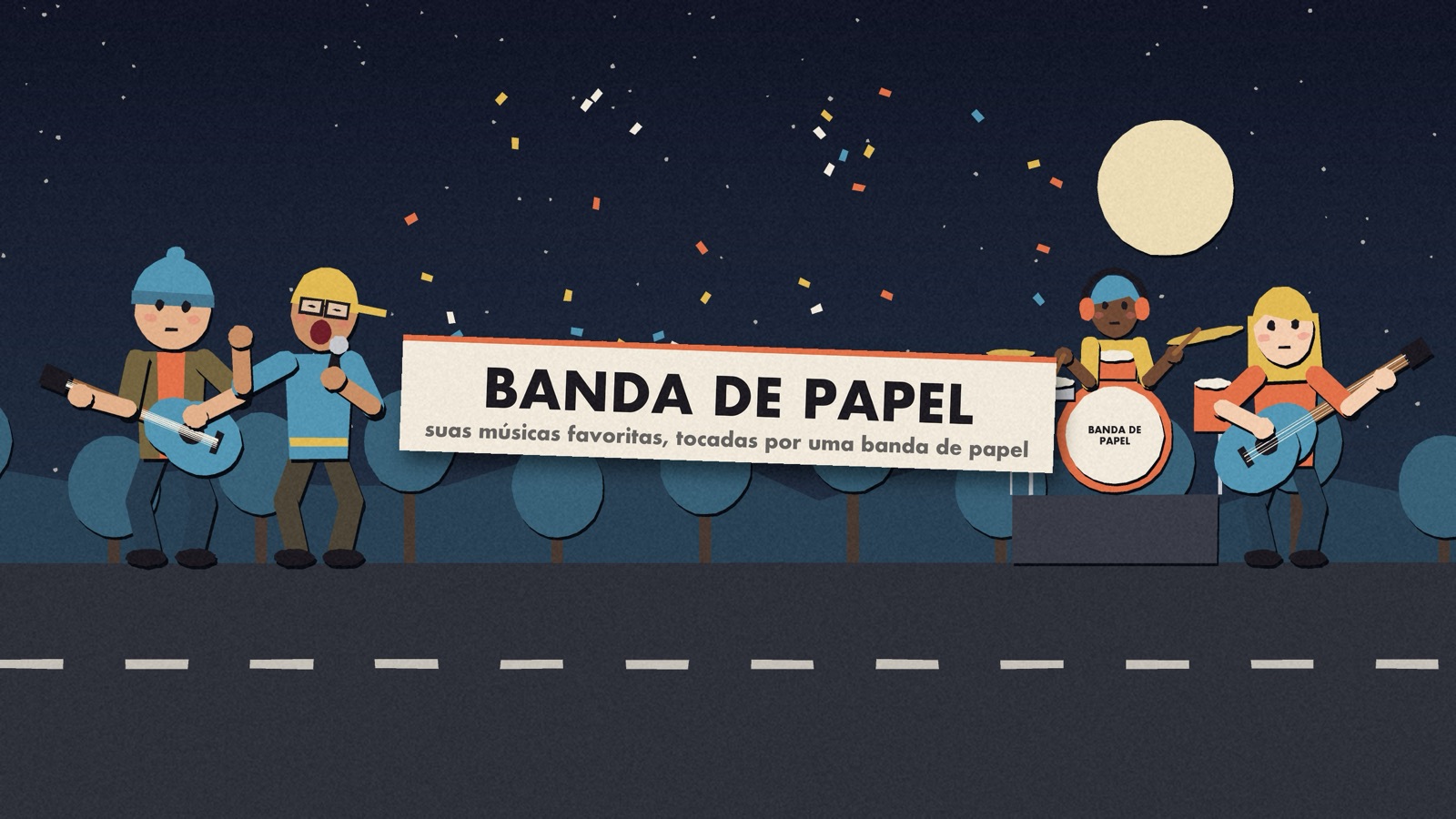A banda de papel tocando numa estrada à noite, com confete e lua cheia